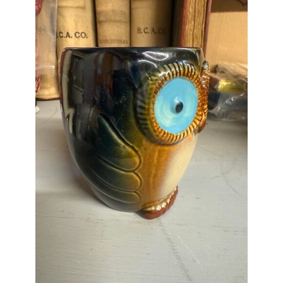 Gibson Home Owl Mug Handcrafted Stoneware Coffee Cup, Retro Rustic Brown & Blue - Picture 3 of 7